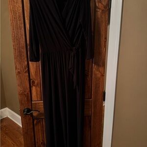 Black Pleated Wrap Jumpsuit with V-Neck and Long Sleeves